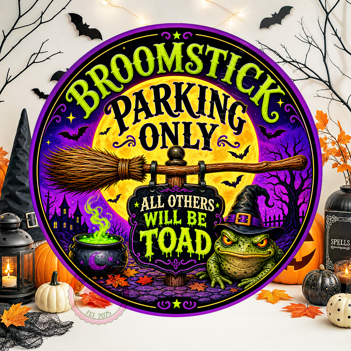 Broomstick Parking Only Wreath Sign, Round Metal Sign For Wreaths, Halloween Wreath Attachment