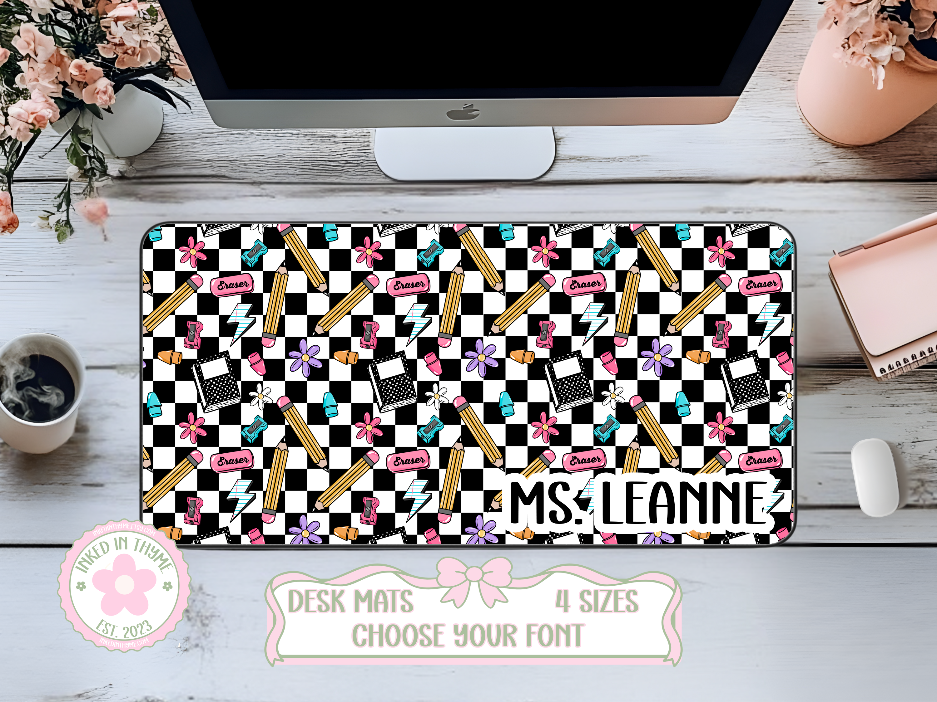 Custom Teacher Checkered Desk Mat, Large Mousepad, Co Worker Teacher Gift, Home Office Desk Supplies
