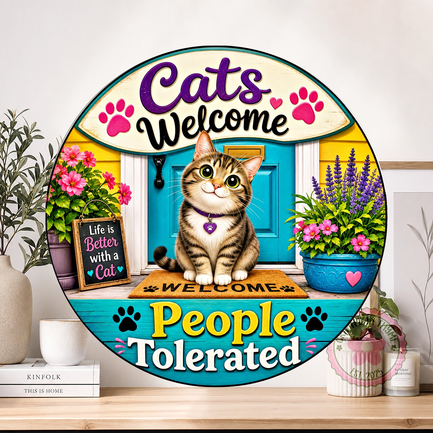 Cats Welcome People Tolerated Wreath Sign, Round Metal Sign For Wreaths, Bee Decor