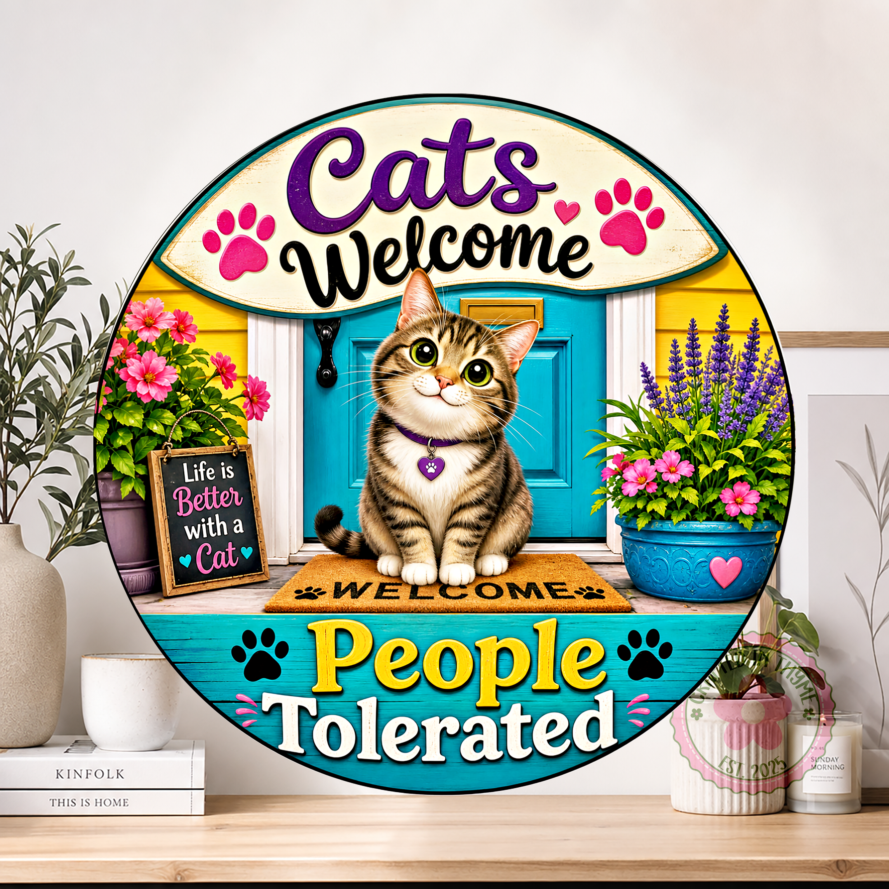 Cats Welcome People Tolerated Wreath Sign, Round Metal Sign For Wreaths, Bee Decor