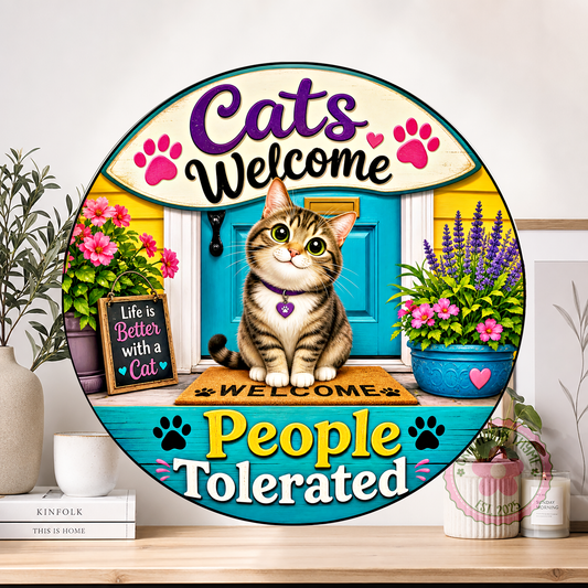 Cats Welcome People Tolerated Wreath Sign, Round Metal Sign For Wreaths, Bee Decor