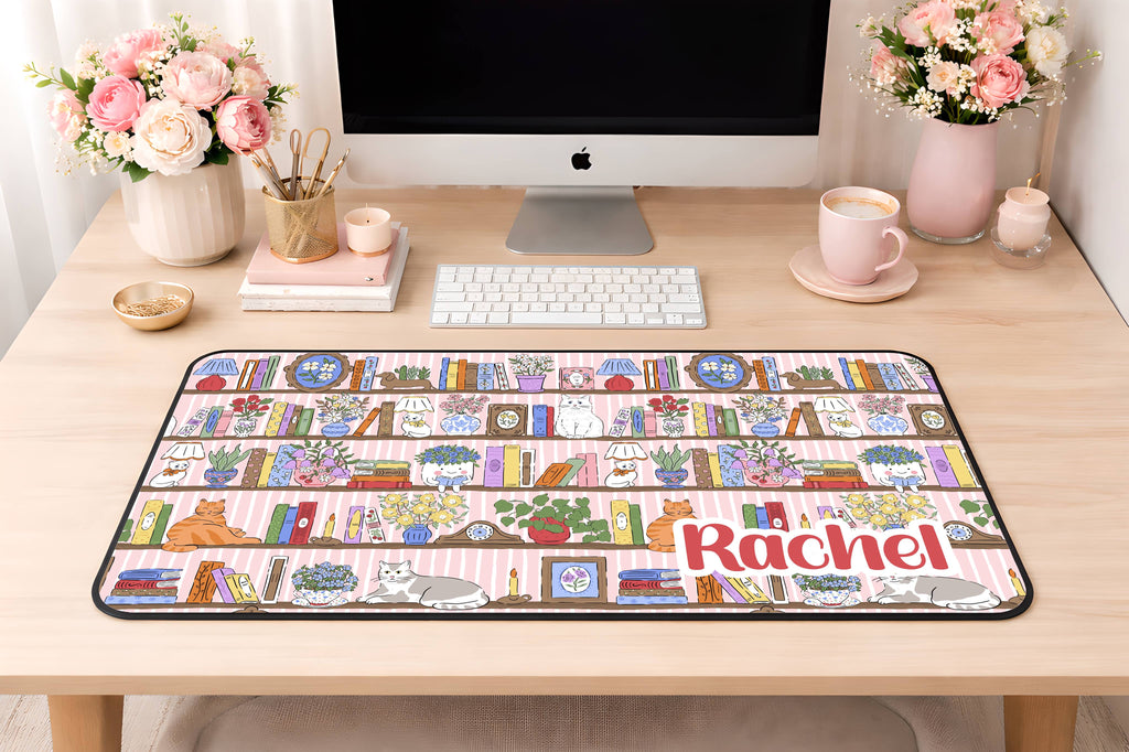 Custom Cats & Books Desk Mat, Large Mousepad, Office Dorm Decor, Co Worker Teacher Gift, Home Office Desk Supplies