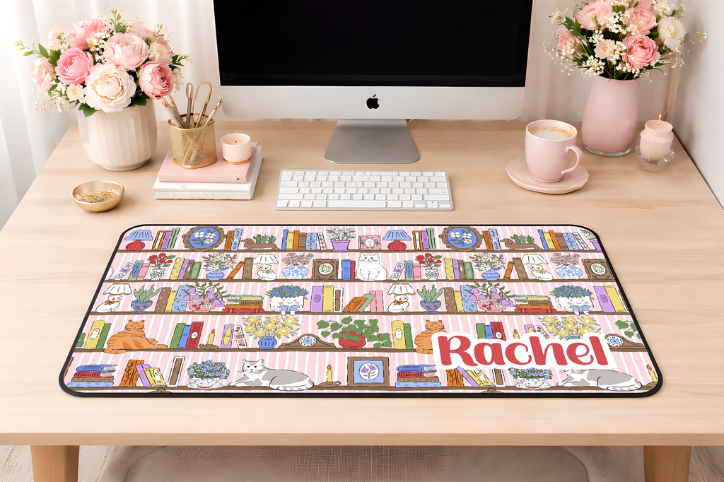 Custom Cats & Books Desk Mat, Large Mousepad, Office Dorm Decor, Co Worker Teacher Gift, Home Office Desk Supplies