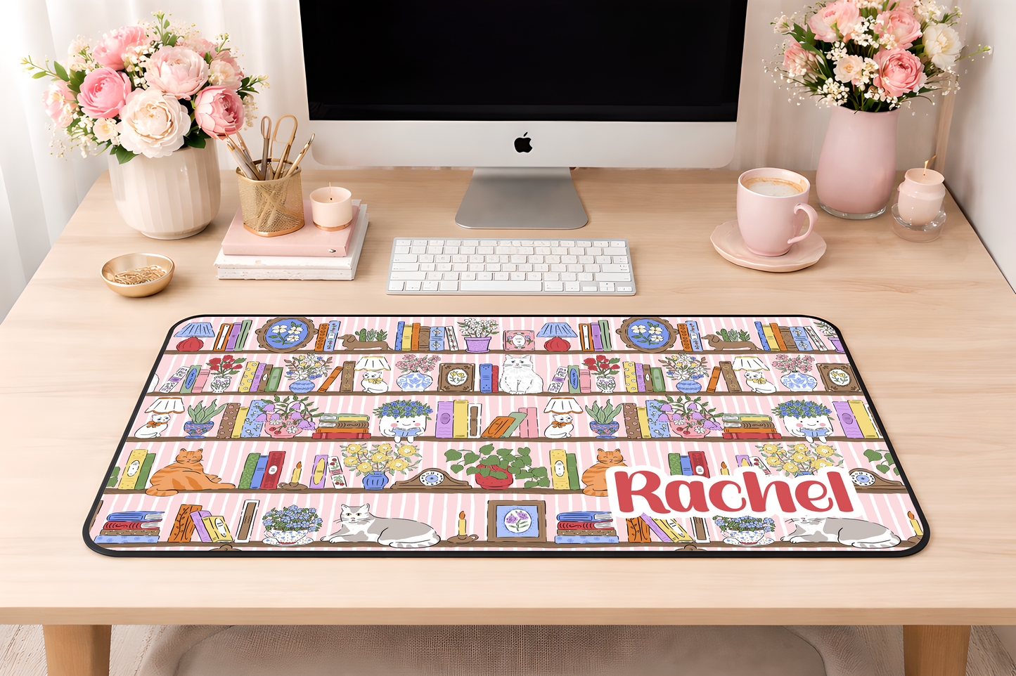 Custom Cats & Books Desk Mat, Large Mousepad, Office Dorm Decor, Co Worker Teacher Gift, Home Office Desk Supplies