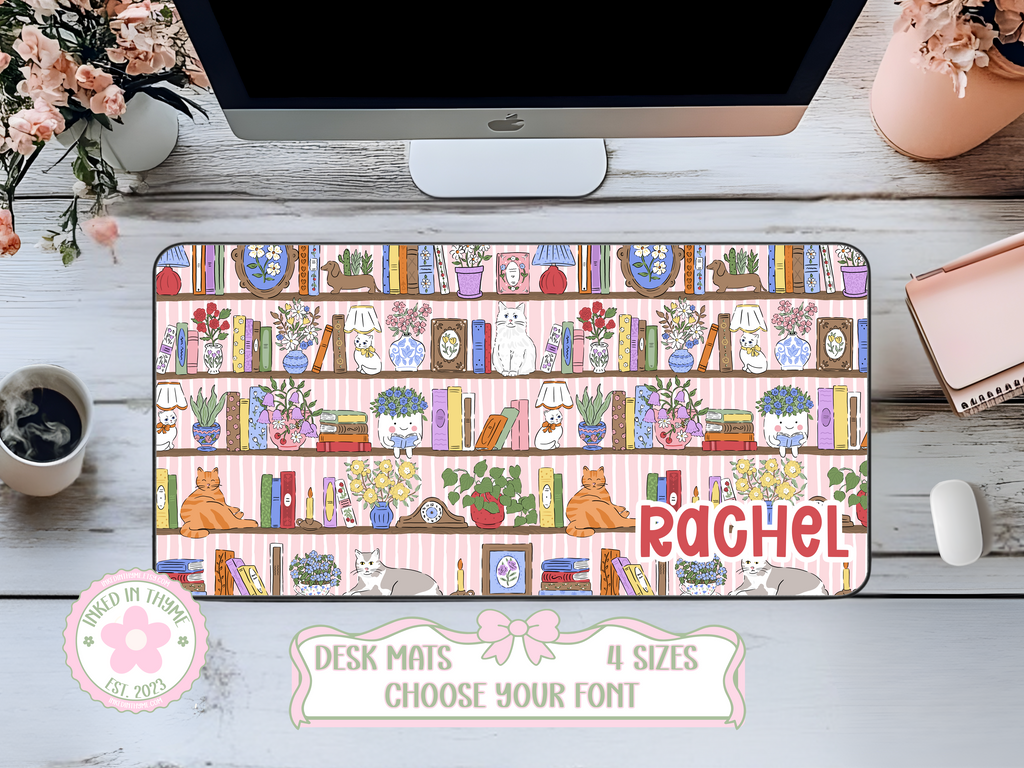 Custom Cats & Books Desk Mat, Large Mousepad, Office Dorm Decor, Co Worker Teacher Gift, Home Office Desk Supplies