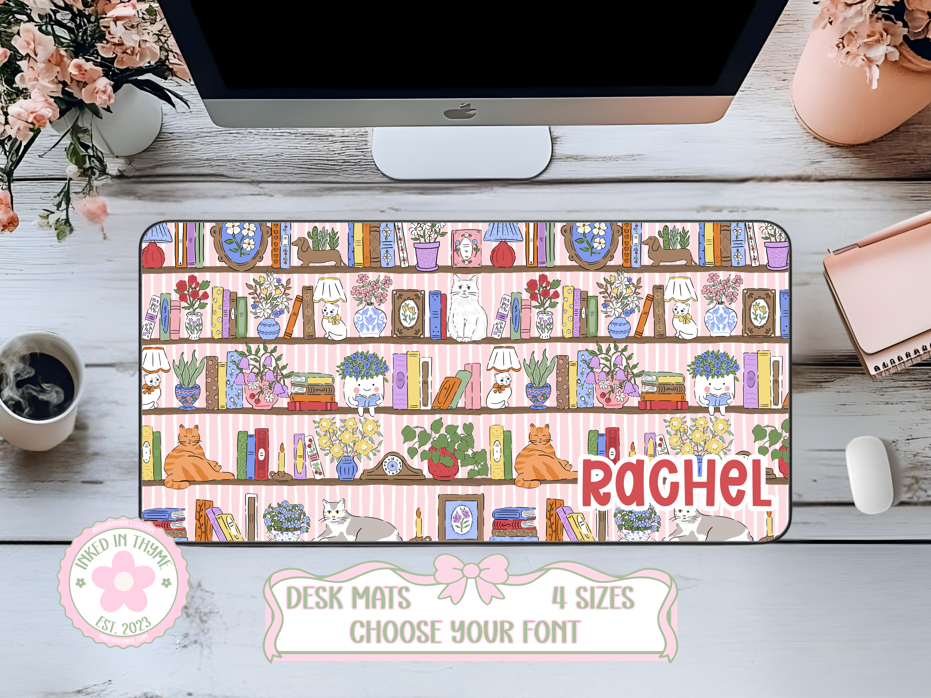 Custom Cats & Books Desk Mat, Large Mousepad, Office Dorm Decor, Co Worker Teacher Gift, Home Office Desk Supplies