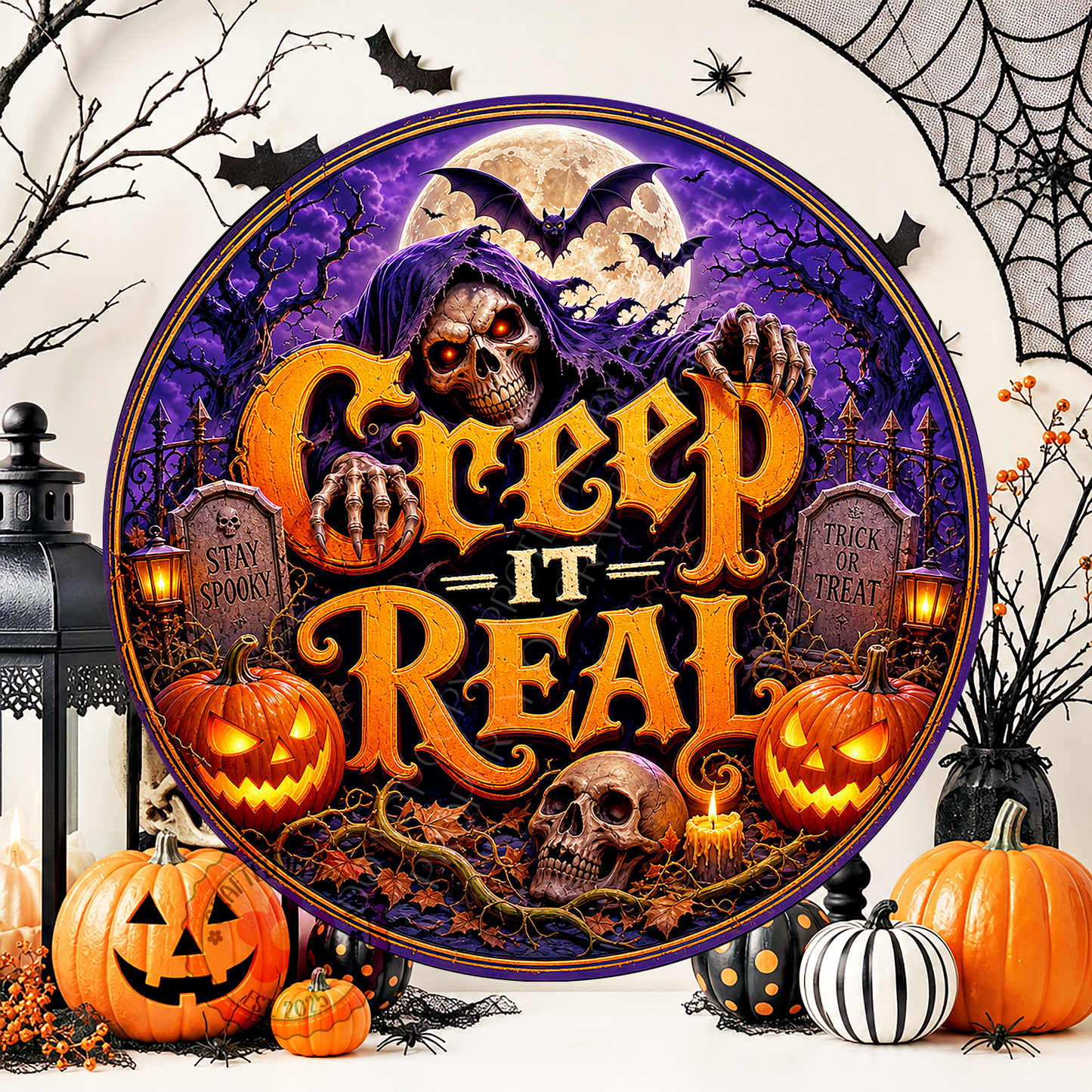 Creep It Real Wreath Sign, Round Metal Sign For Wreaths, Halloween Wreath Attachment (Copy)