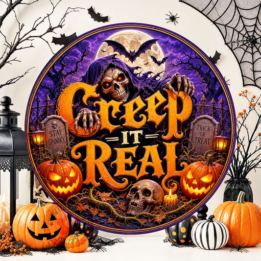 Creep It Real Wreath Sign, Round Metal Sign For Wreaths, Halloween Wreath Attachment (Copy)