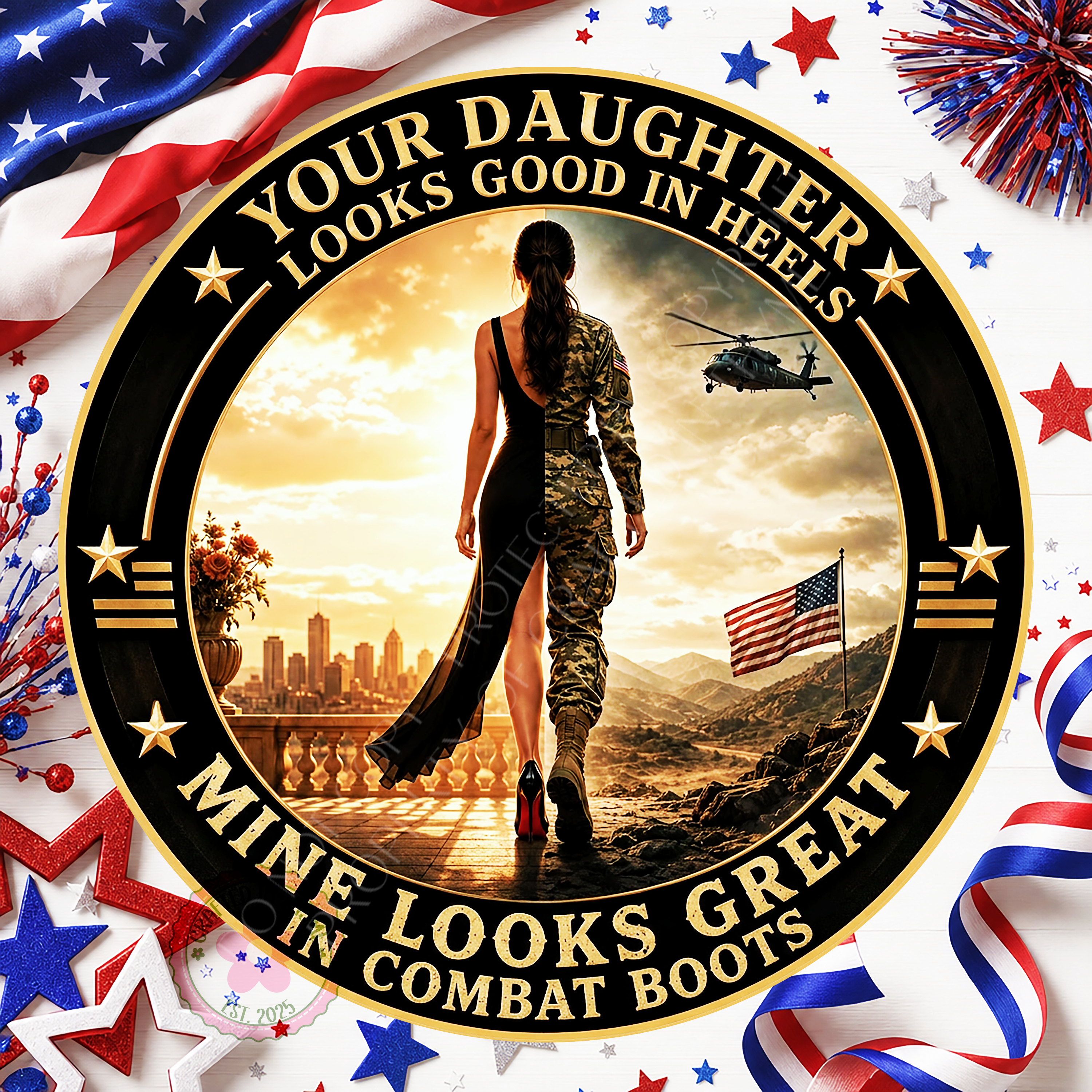 Female Soldier Wreath Sign, Round Metal Sign For Wreaths, Patriotic Military Daughter Wreath Attachment Insert