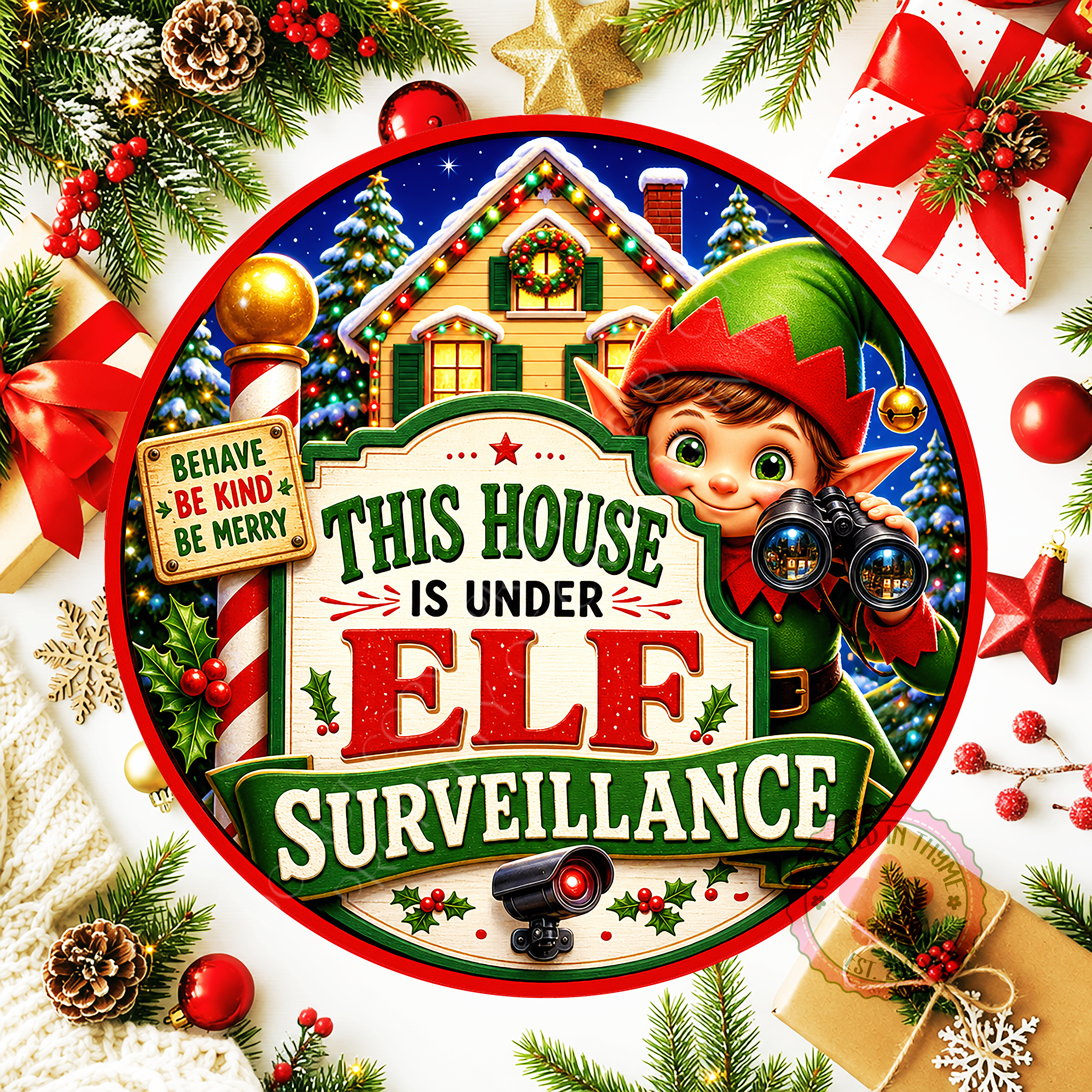 This House Is Under Elf Surveillance Wreath Sign, Round Metal Sign For Wreaths, Christmas Holidays Wreath Attachment Insert