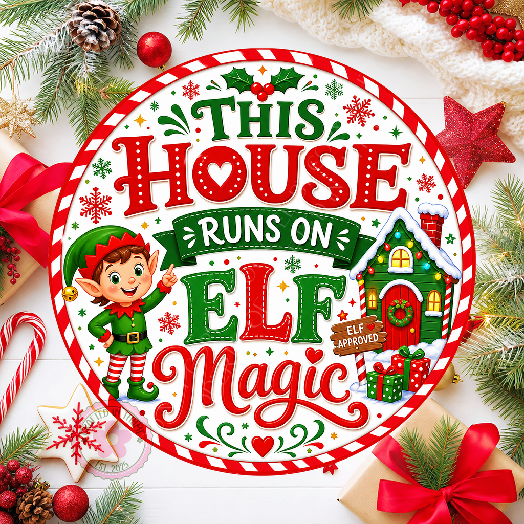 This House Runs On Elf Magic Wreath Sign, Round Metal Sign For Wreaths, Christmas Holidays Wreath Attachment Insert