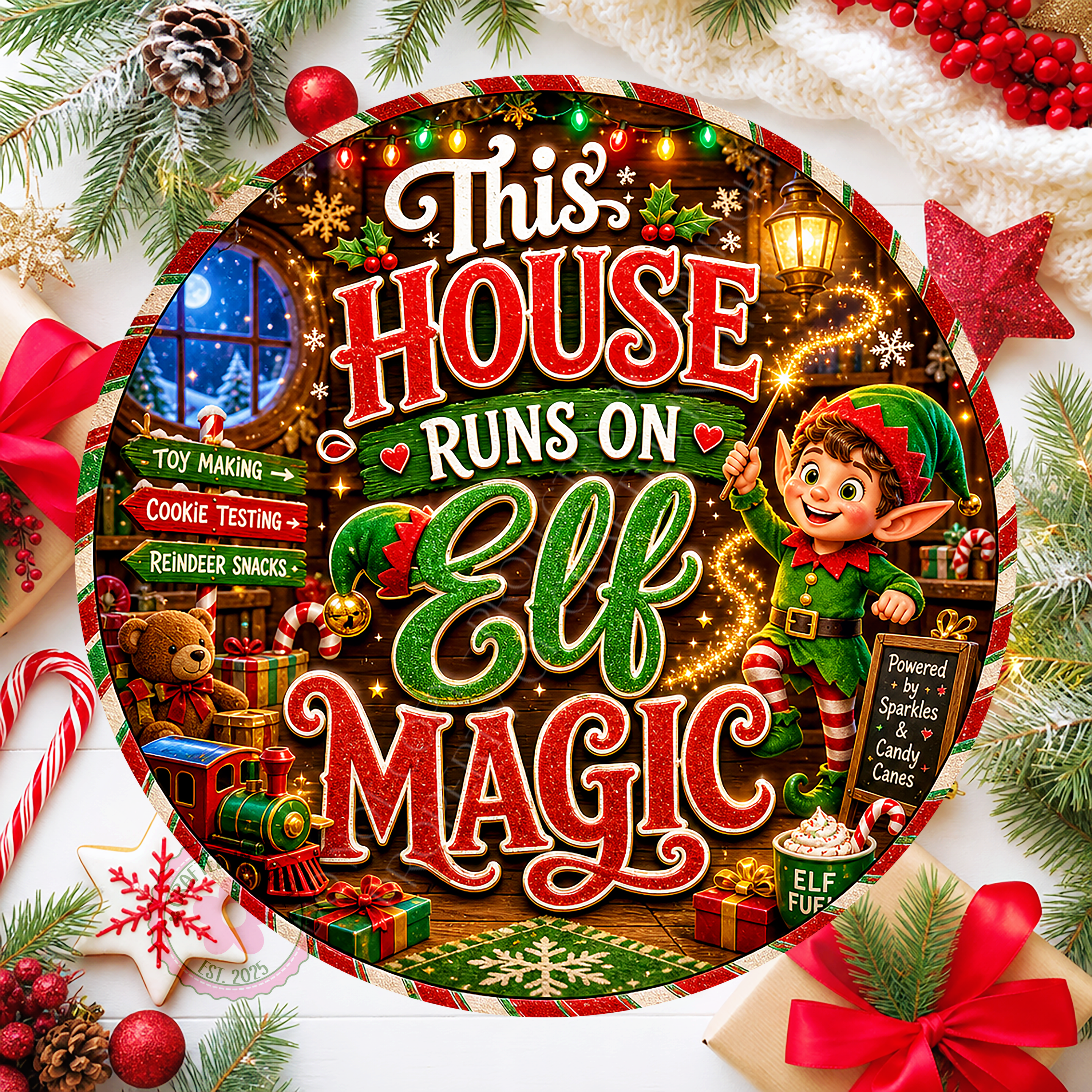 This House Runs On Elf Magic Wreath Sign, Round Metal Sign For Wreaths, Christmas Holidays Wreath Attachment Insert