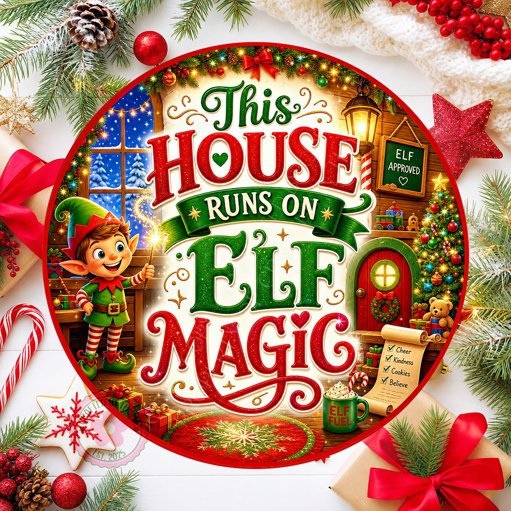 This House Runs On Elf Magic Wreath Sign, Round Metal Sign For Wreaths, Christmas Holidays Wreath Attachment Insert