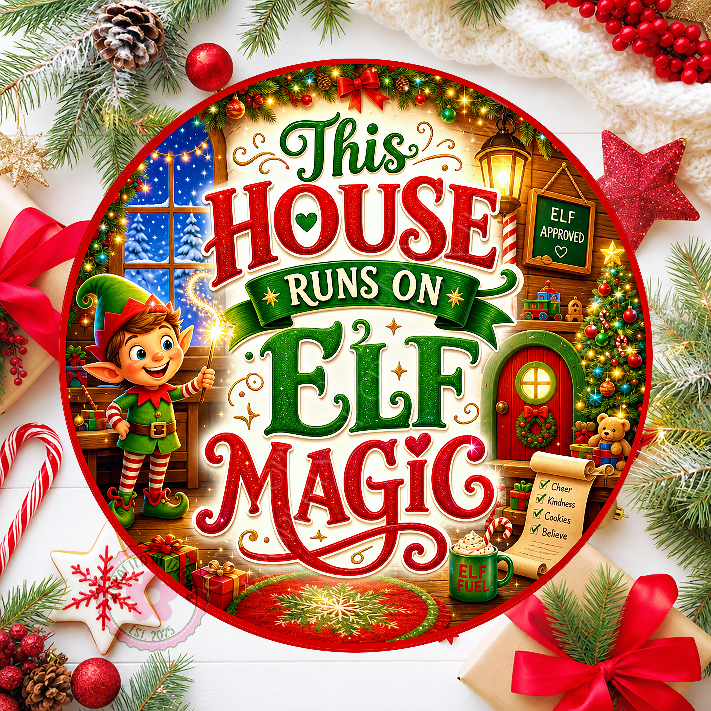 This House Runs On Elf Magic Wreath Sign, Round Metal Sign For Wreaths, Christmas Holidays Wreath Attachment Insert