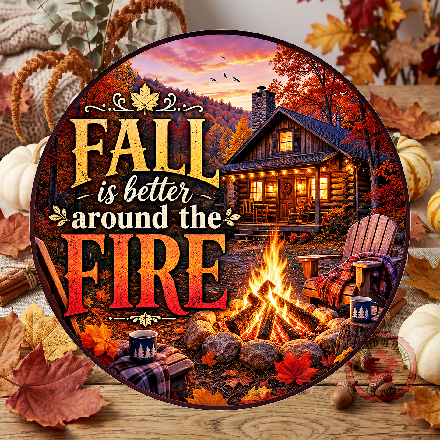 Fall Is Better Around The Fire Wreath Sign, Round Metal Sign For Wreaths, Fall Wreath Attachment Insert