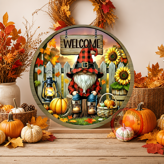 Fall Gnome Welcome Wreath Sign, Round Metal Sign For Wreaths, Wreath Attachment, Halloween Fall Wreath Sign
