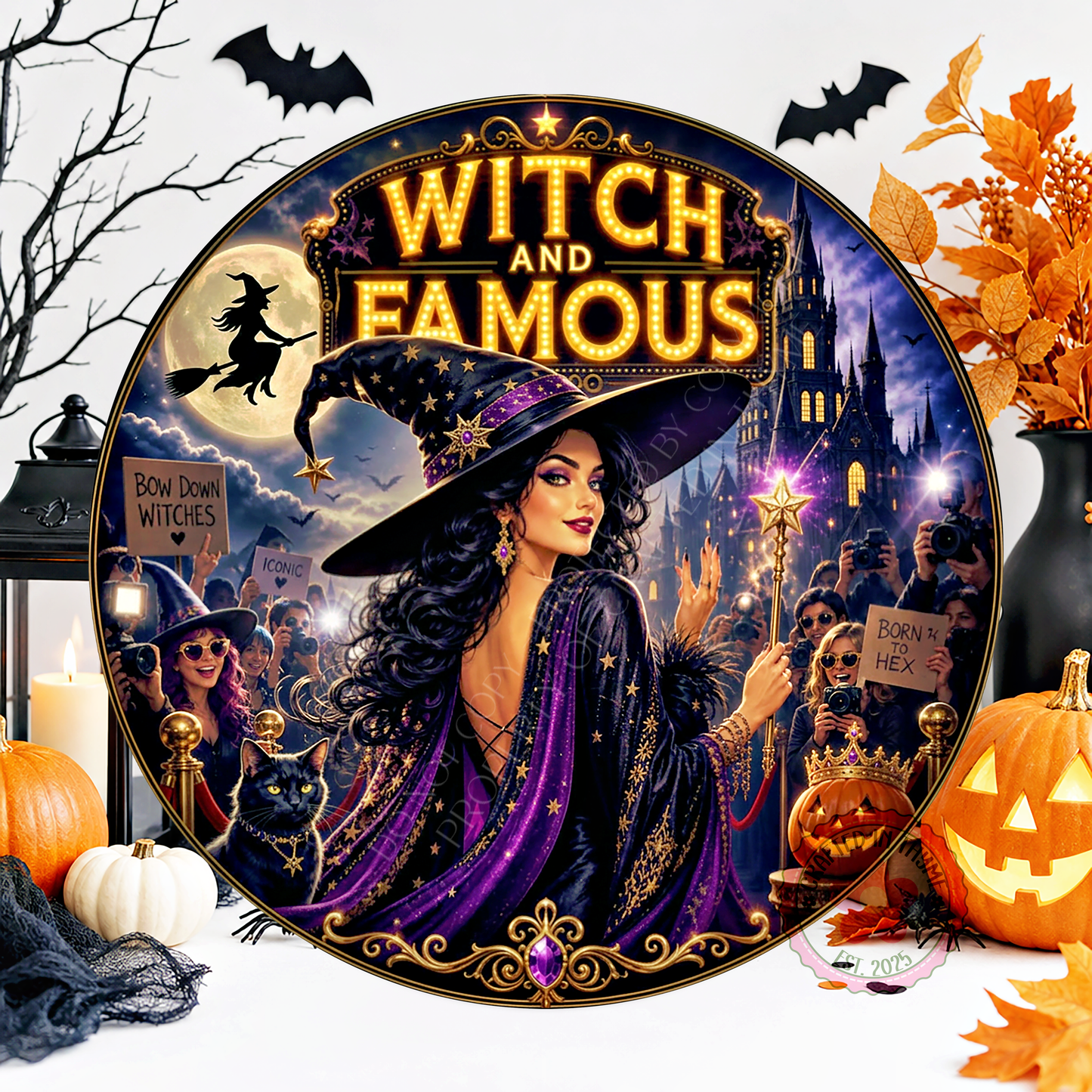 Witch And Famous Wreath Sign, Round Metal Sign For Wreaths, Halloween Wreath Attachment