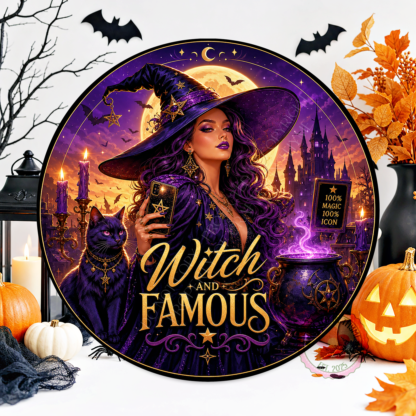 Witch And Famous Wreath Sign, Round Metal Sign For Wreaths, Halloween Wreath Attachment