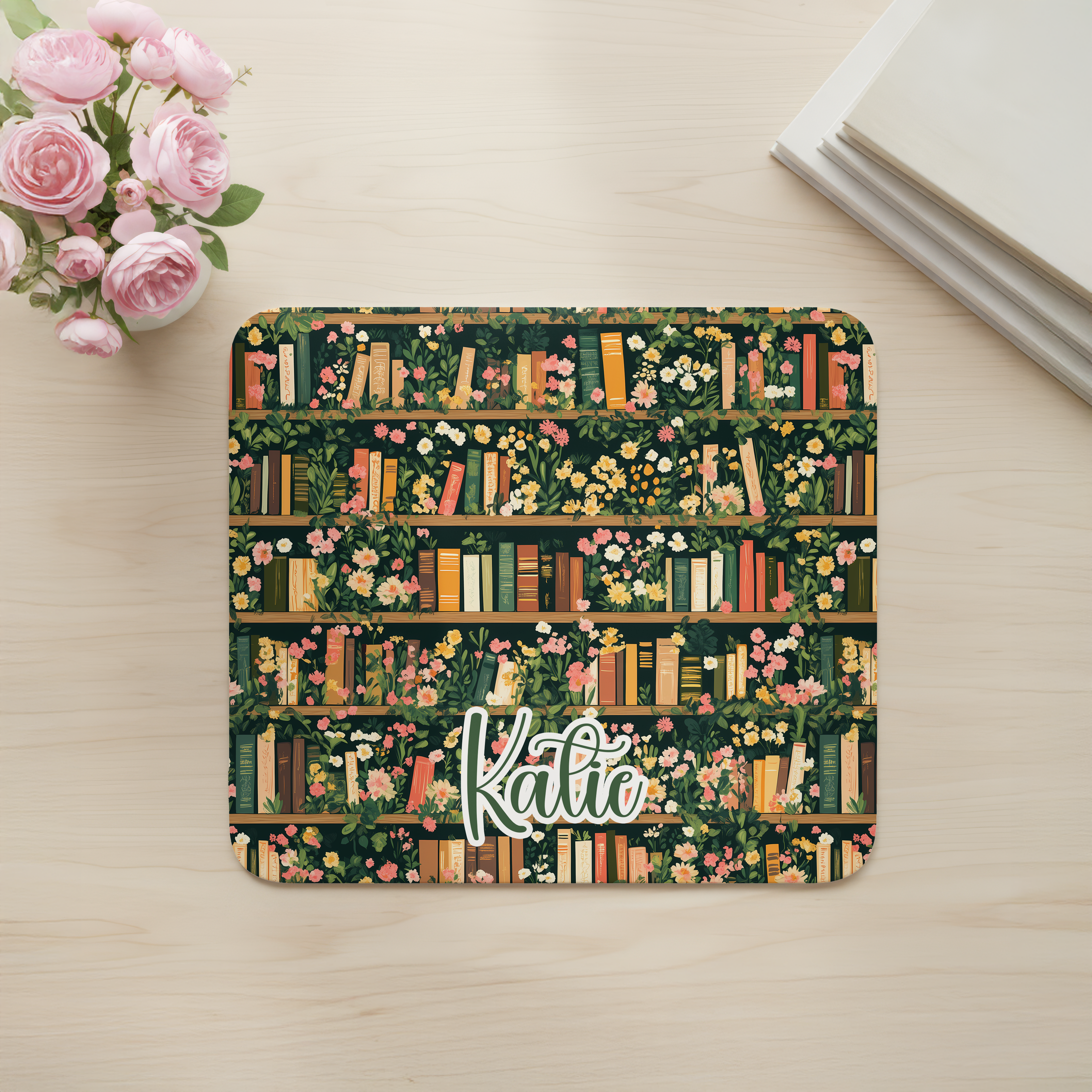 Custom Green Bookshelf Desk Mat, Large Mousepad, Office Dorm Decor, Co Worker Teacher Gift, Home Office Desk Supplies