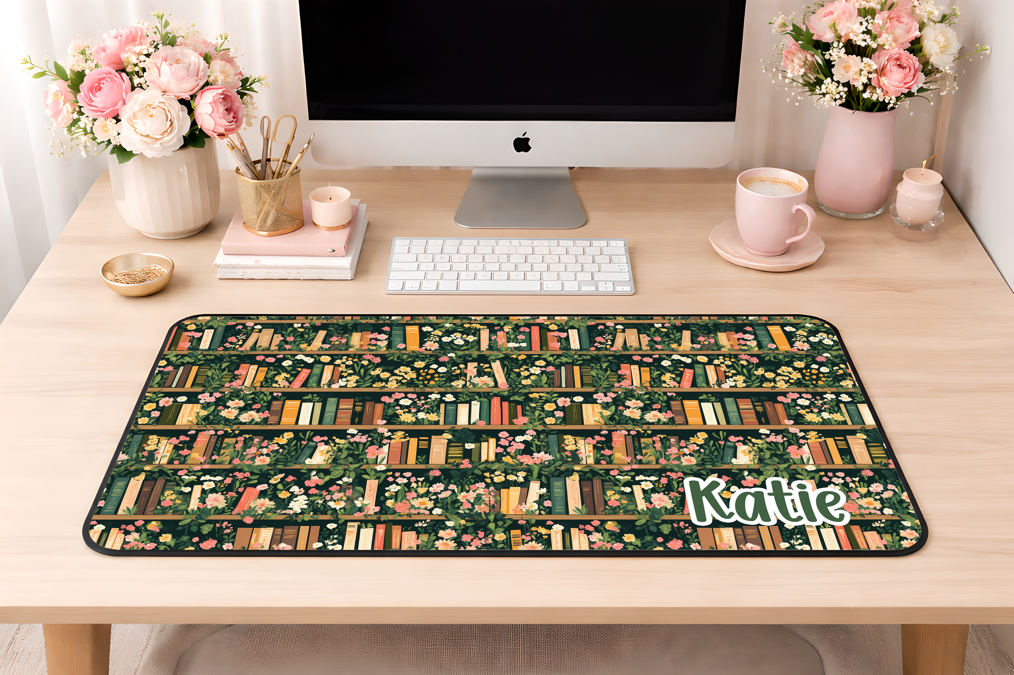 Custom Green Bookshelf Desk Mat, Large Mousepad, Office Dorm Decor, Co Worker Teacher Gift, Home Office Desk Supplies