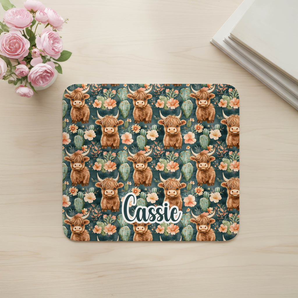 Custom Green Highland Cow Desk Mat, Large Mousepad, Office Dorm Decor, Co Worker Teacher Gift, Home Office Desk Supplies