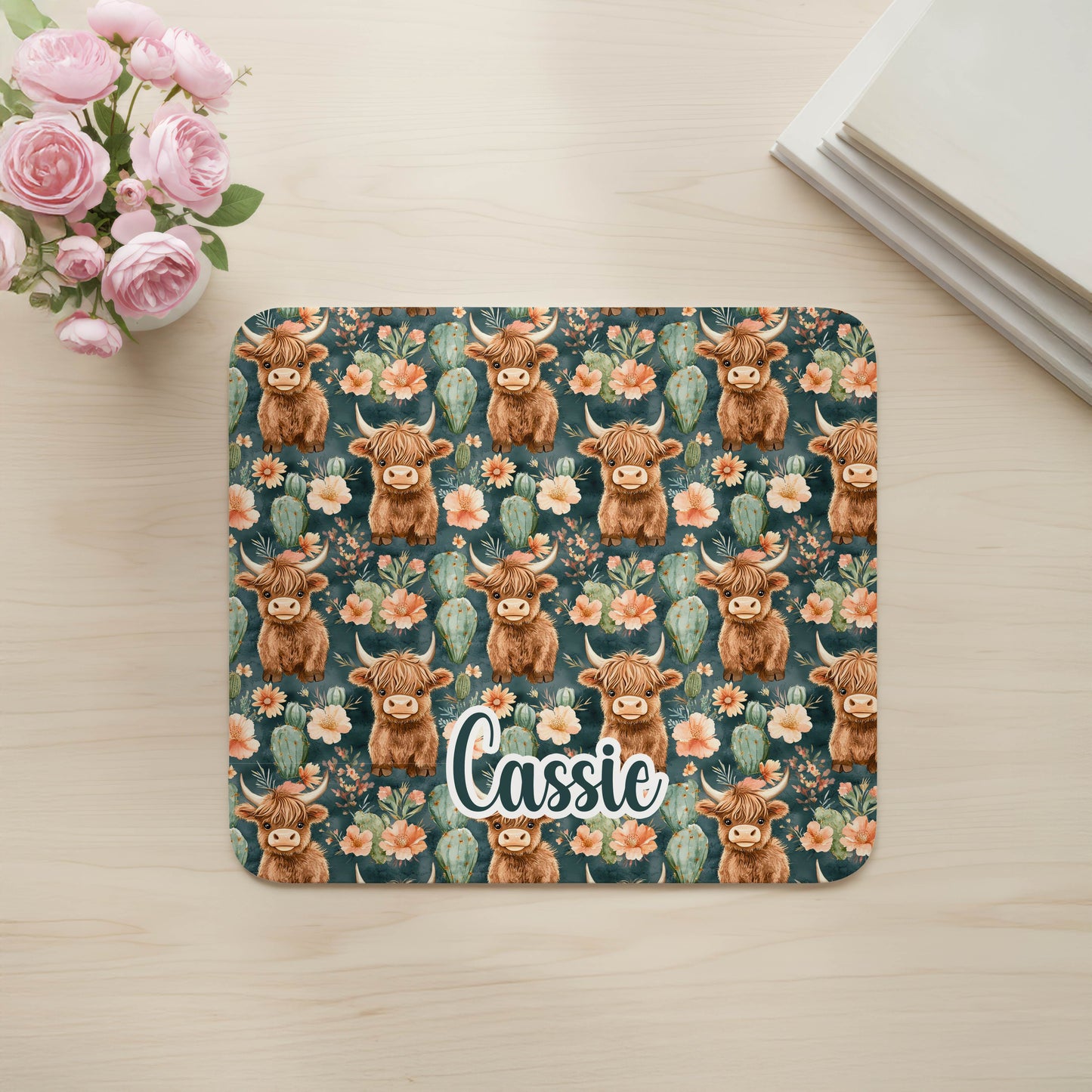 Custom Green Highland Cow Desk Mat, Large Mousepad, Office Dorm Decor, Co Worker Teacher Gift, Home Office Desk Supplies