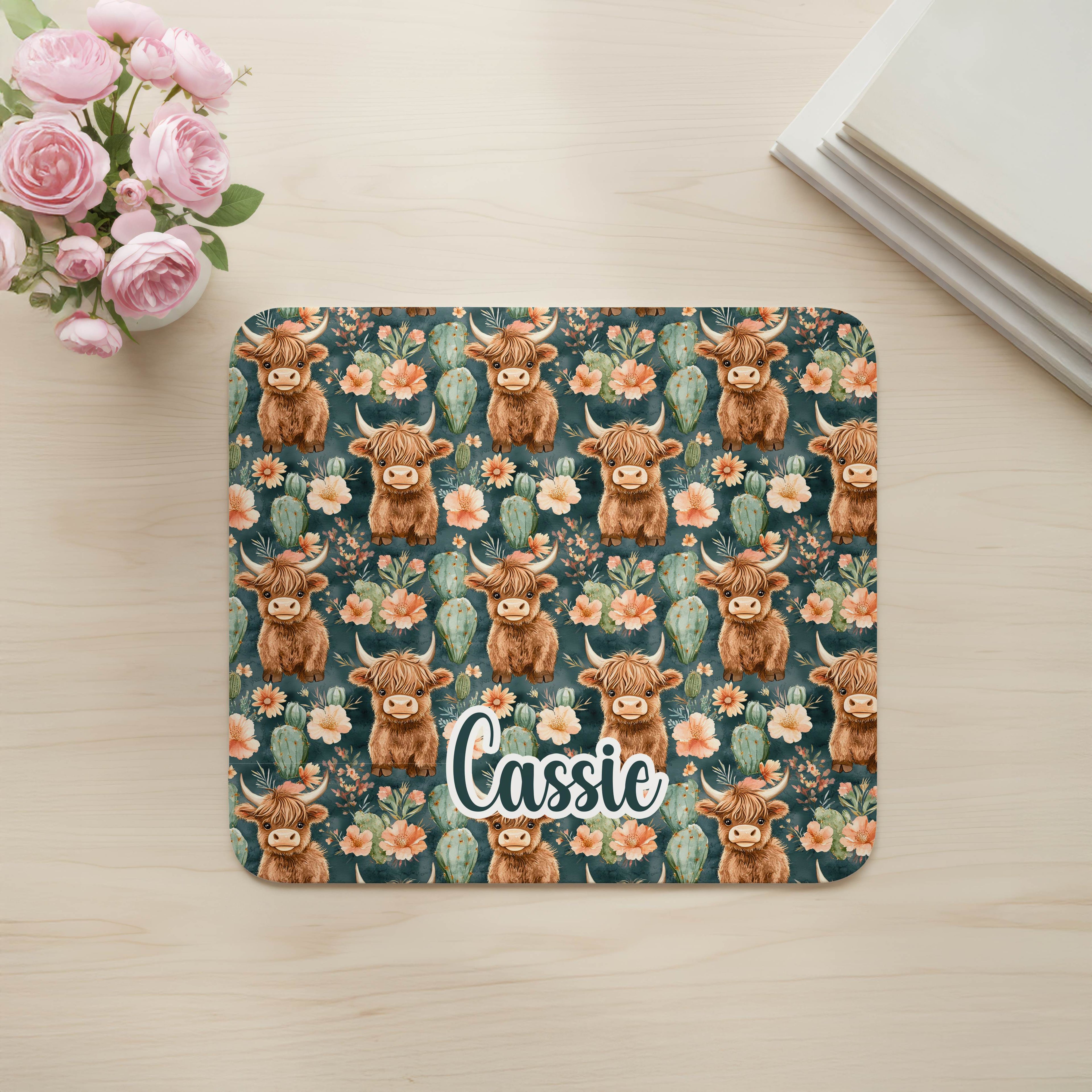 Custom Green Highland Cow Desk Mat, Large Mousepad, Office Dorm Decor, Co Worker Teacher Gift, Home Office Desk Supplies