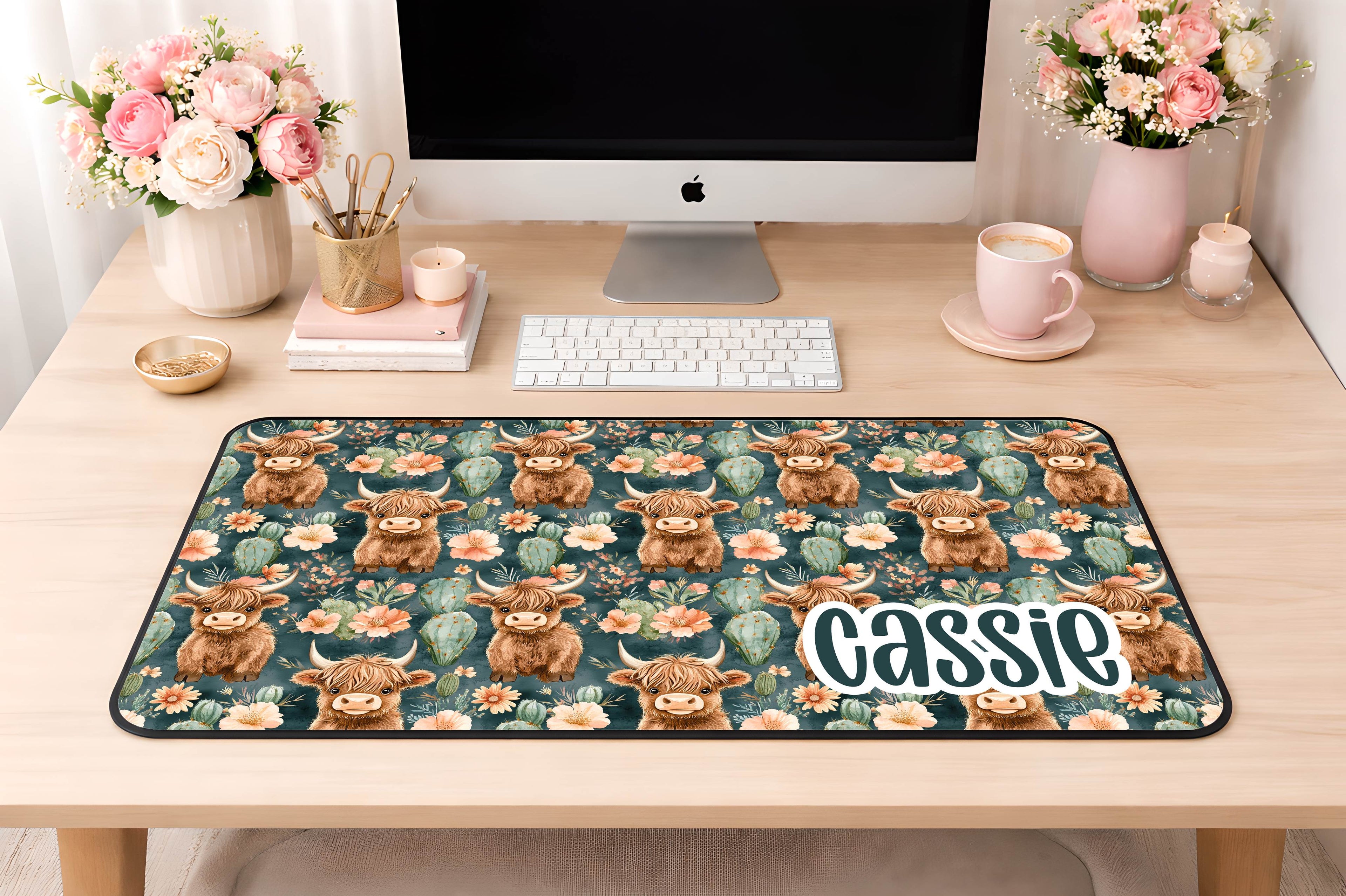 Custom Green Highland Cow Desk Mat, Large Mousepad, Office Dorm Decor, Co Worker Teacher Gift, Home Office Desk Supplies