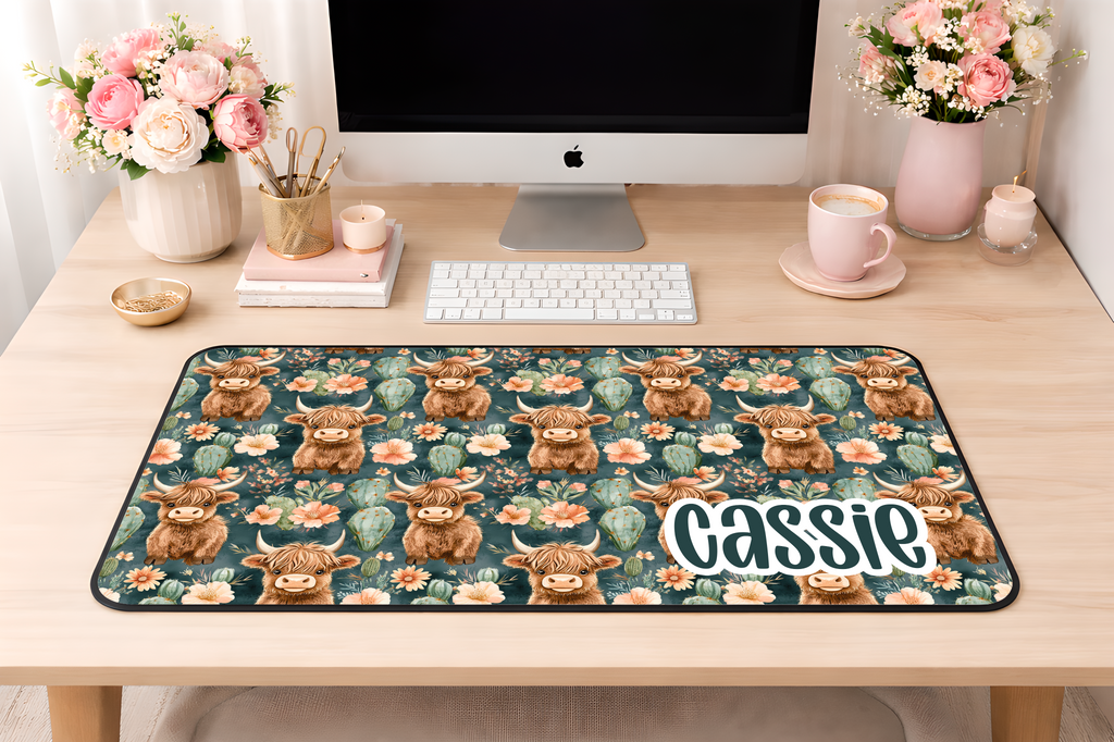 Custom Green Highland Cow Desk Mat, Large Mousepad, Office Dorm Decor, Co Worker Teacher Gift, Home Office Desk Supplies