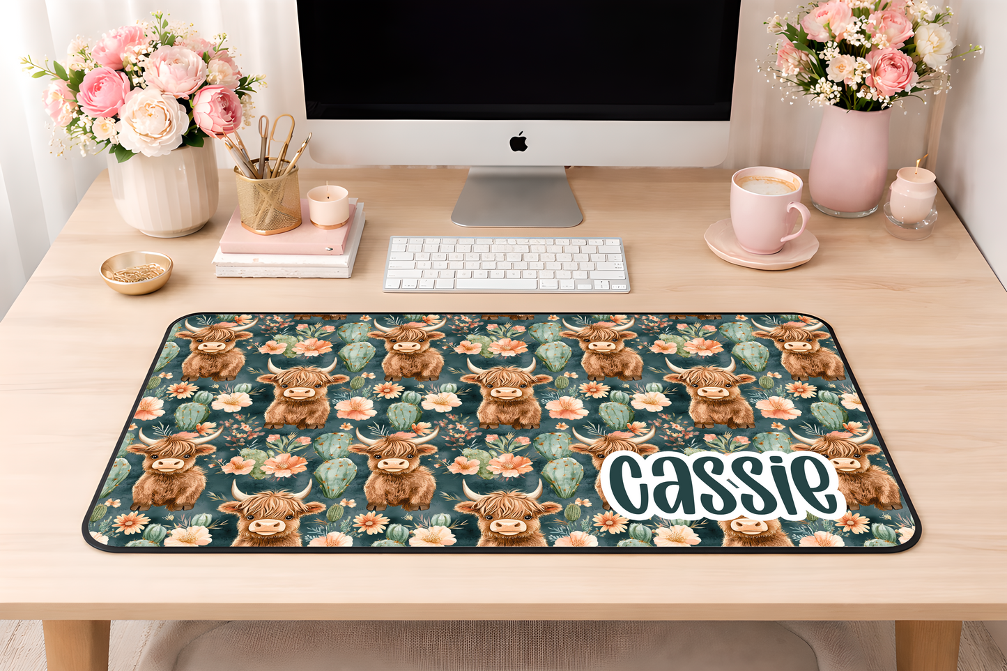 Custom Green Highland Cow Desk Mat, Large Mousepad, Office Dorm Decor, Co Worker Teacher Gift, Home Office Desk Supplies