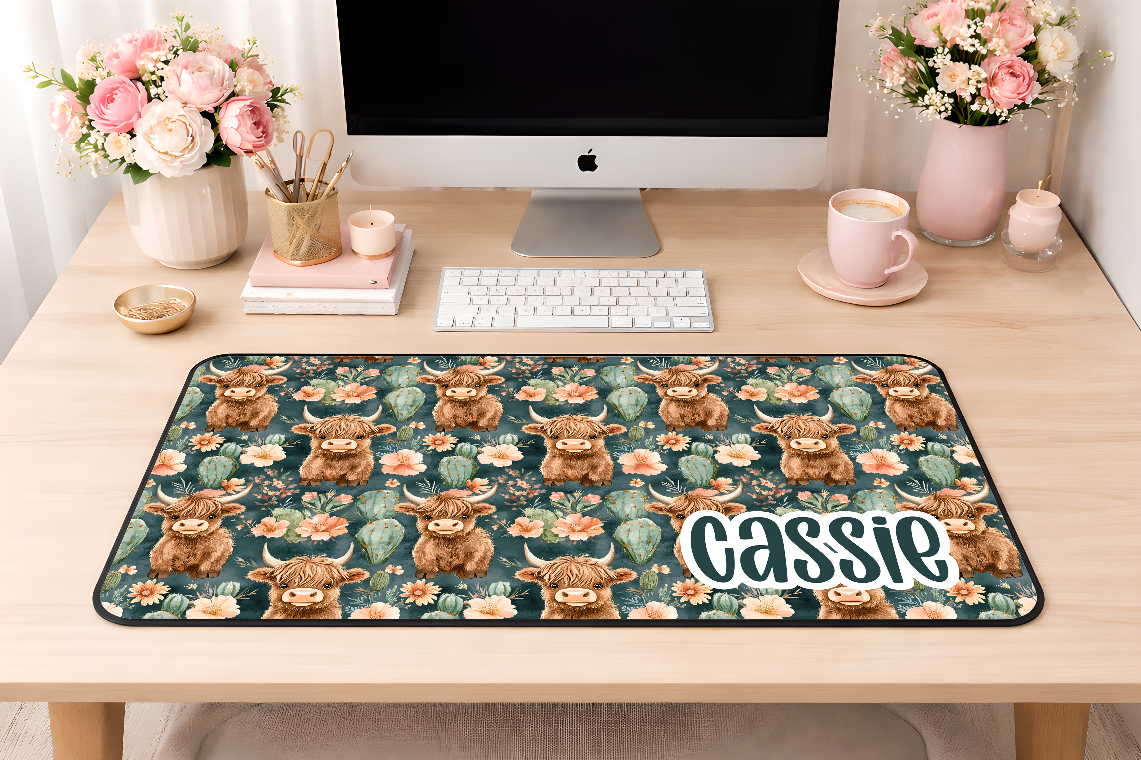 Custom Green Highland Cow Desk Mat, Large Mousepad, Office Dorm Decor, Co Worker Teacher Gift, Home Office Desk Supplies