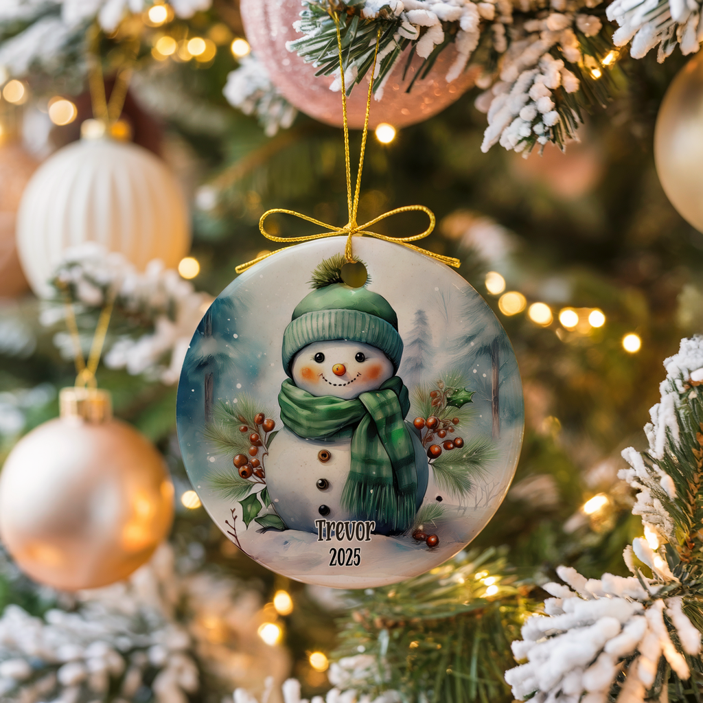 Personalized Green Snowman Ornament, Kids Boy or Girl Snowman Ornament, Add Any Name Keepsake Ornament, Grandchild Gift, Gift For Child