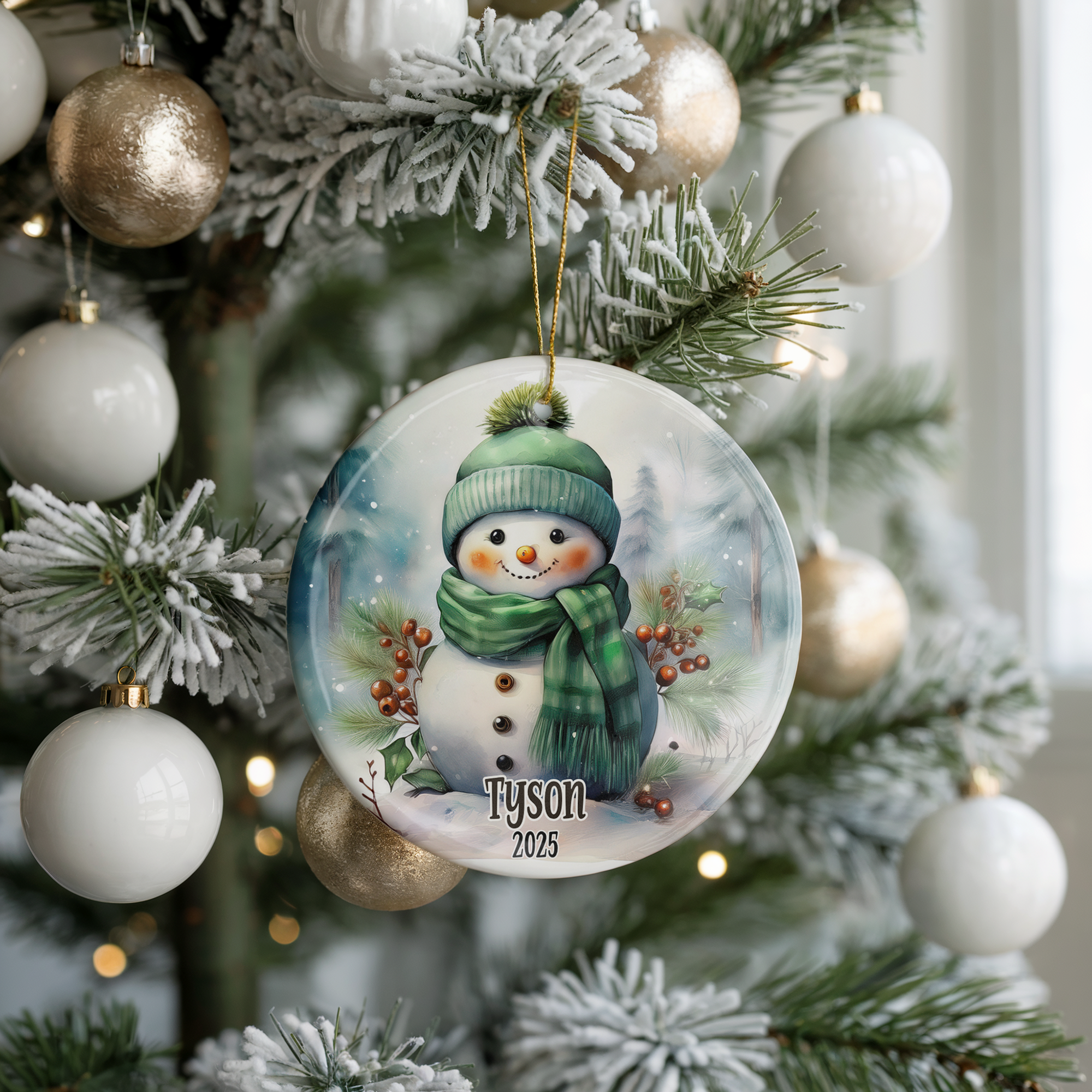 Personalized Green Snowman Ornament, Kids Boy or Girl Snowman Ornament, Add Any Name Keepsake Ornament, Grandchild Gift, Gift For Child