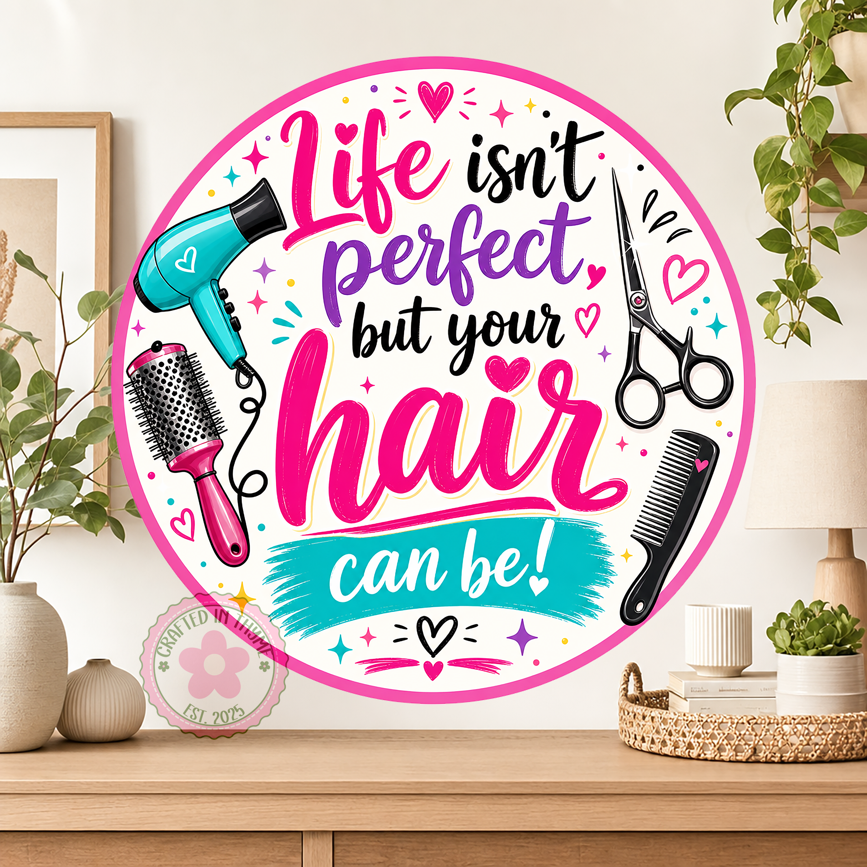 Hair Stylist Wreath Sign, Round Metal Sign For Wreaths, Hair Salon Decor