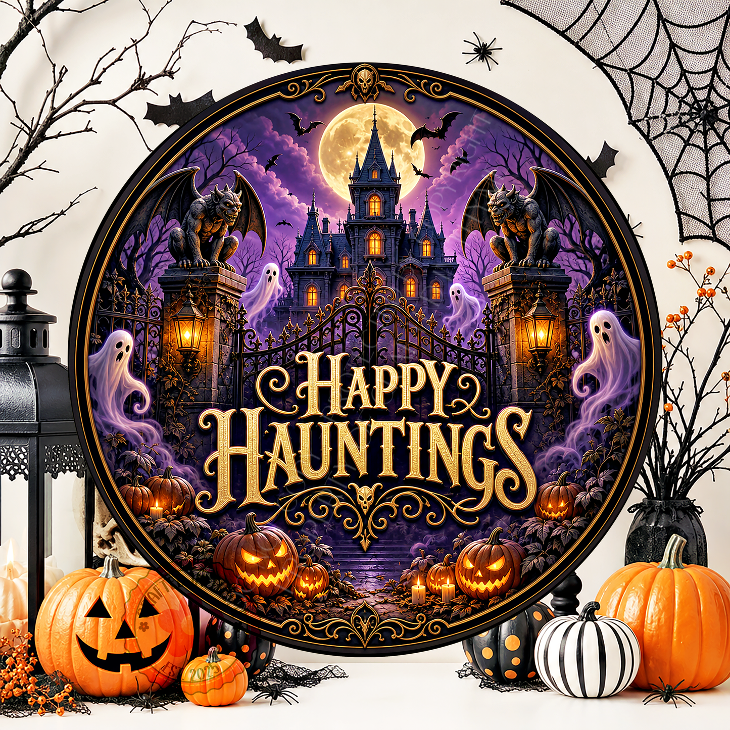 Happy Hauntings Wreath Sign, Round Metal Sign For Wreaths, Halloween Wreath Attachment
