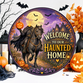 Welcome To Our Haunted Home Wreath Sign, Round Metal Sign For Wreaths, Headless Horseman Wreath Attachment, Halloween Fall Wreath Sign