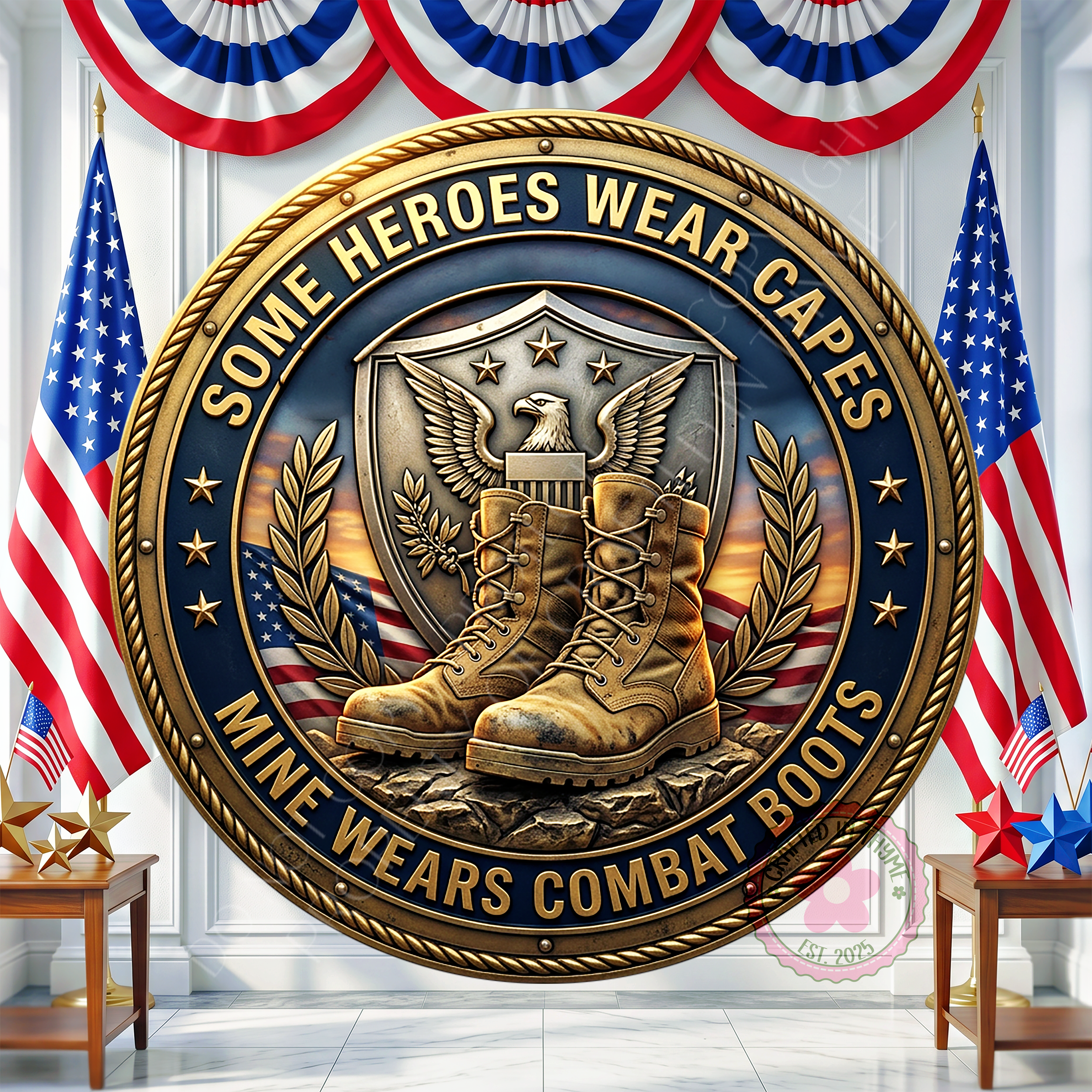 Some Heroes Wear Capes, Mine Wears Combat Boots Wreath Sign, Round Metal Sign For Wreaths, Patriotic Decor