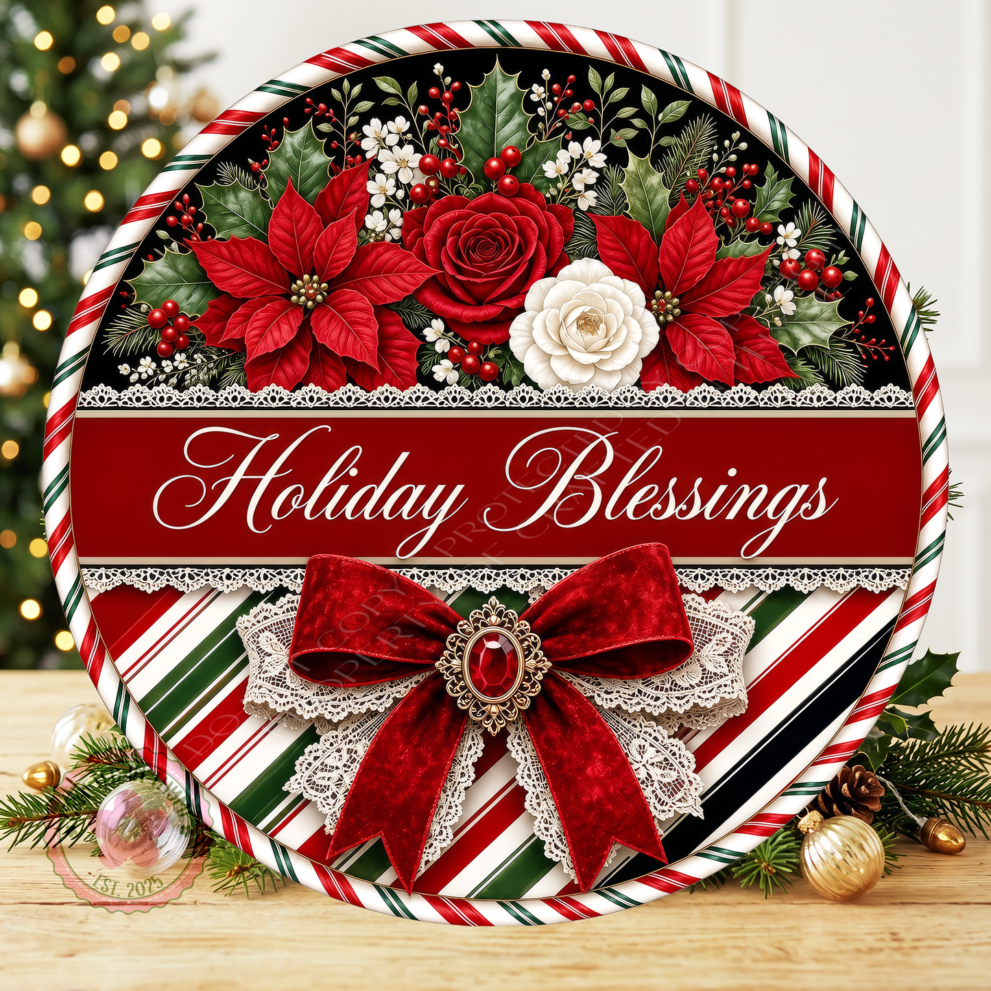 Holiday Blessings Wreath Sign: Round Metal Sign For Wreaths, Christmas Decor Gift
