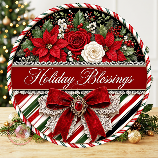 Holiday Blessings Wreath Sign: Round Metal Sign For Wreaths, Christmas Decor Gift