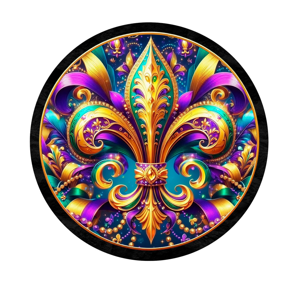 Fleur De Lis Wreath Sign, round wreath sign, Sign for wreath, door hanger, door decor,purple teal gold, Mardi Gras
