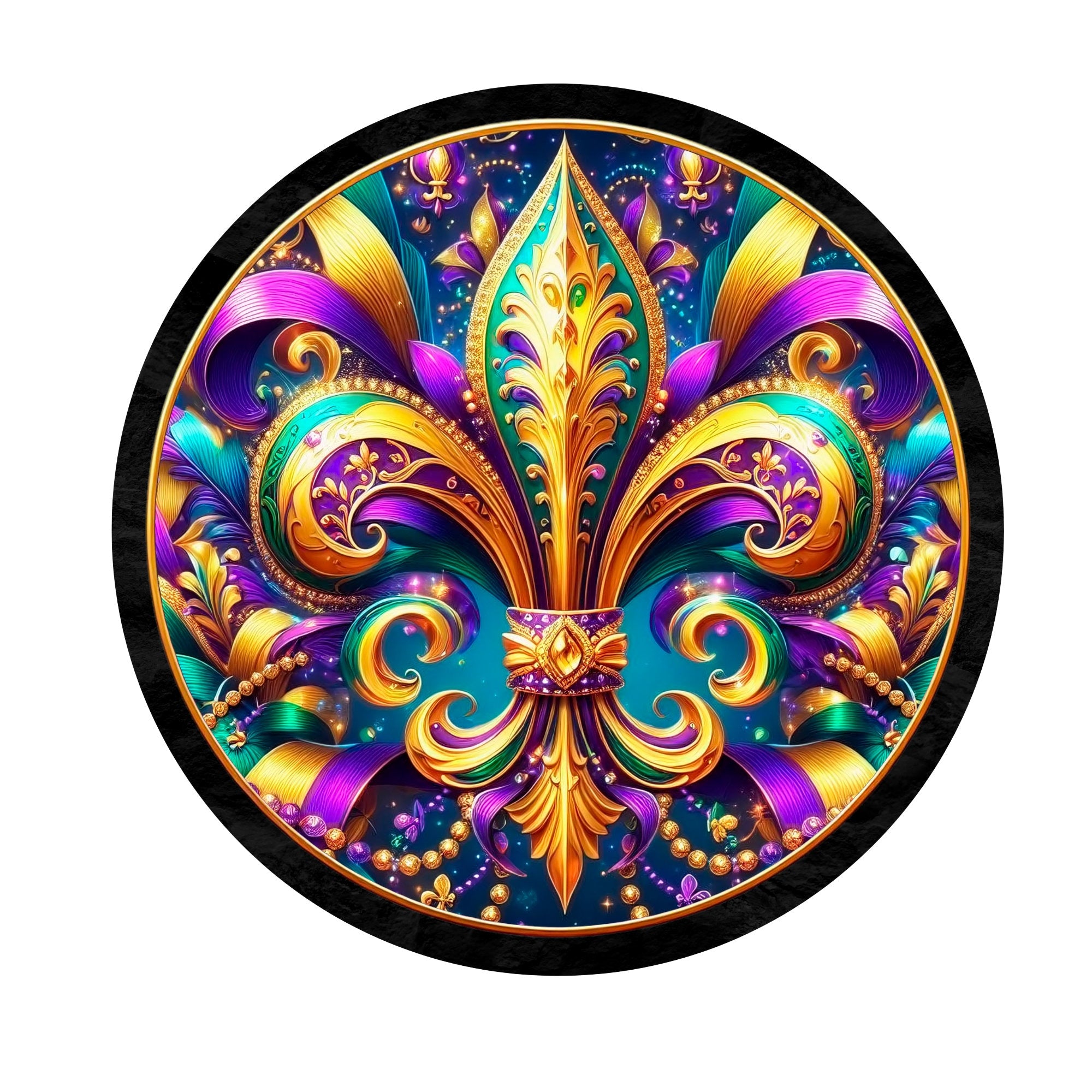 Fleur De Lis Wreath Sign, round wreath sign, Sign for wreath, door hanger, door decor,purple teal gold, Mardi Gras