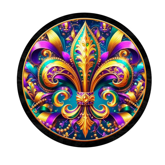 Fleur De Lis Wreath Sign, round wreath sign, Sign for wreath, door hanger, door decor,purple teal gold, Mardi Gras