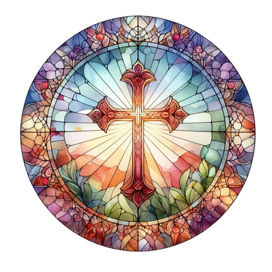 Faux Stained Glass Cross Wreath Sign, round wreath sign, Sign for wreath, door hanger, door decor, Religious Sign Gift