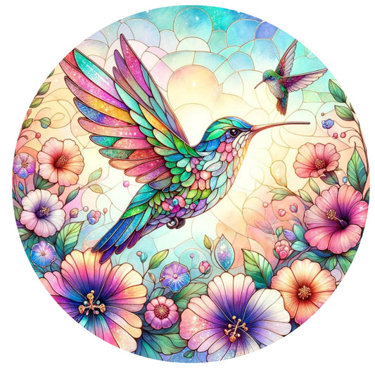 Hummingbirds Pastel Elegant Stained Glass Wreath Sign, round wreath sign, Sign for wreath,door decor,Spring Summer sign,