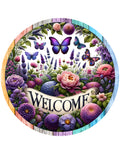 Welcome Purple Butterflies Wreath Sign, round wreath sign, Spring Summer Sign For Wreaths
