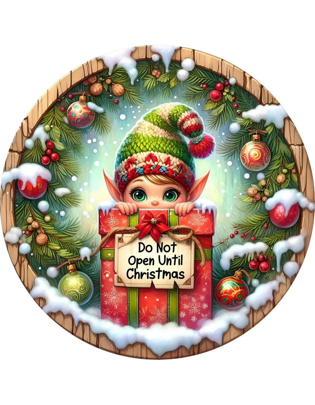 Elf Do Not Open Until Christmas Wreath Sign, round wreath sign, Sign for wreath, Christmas Holiday Winter Decor