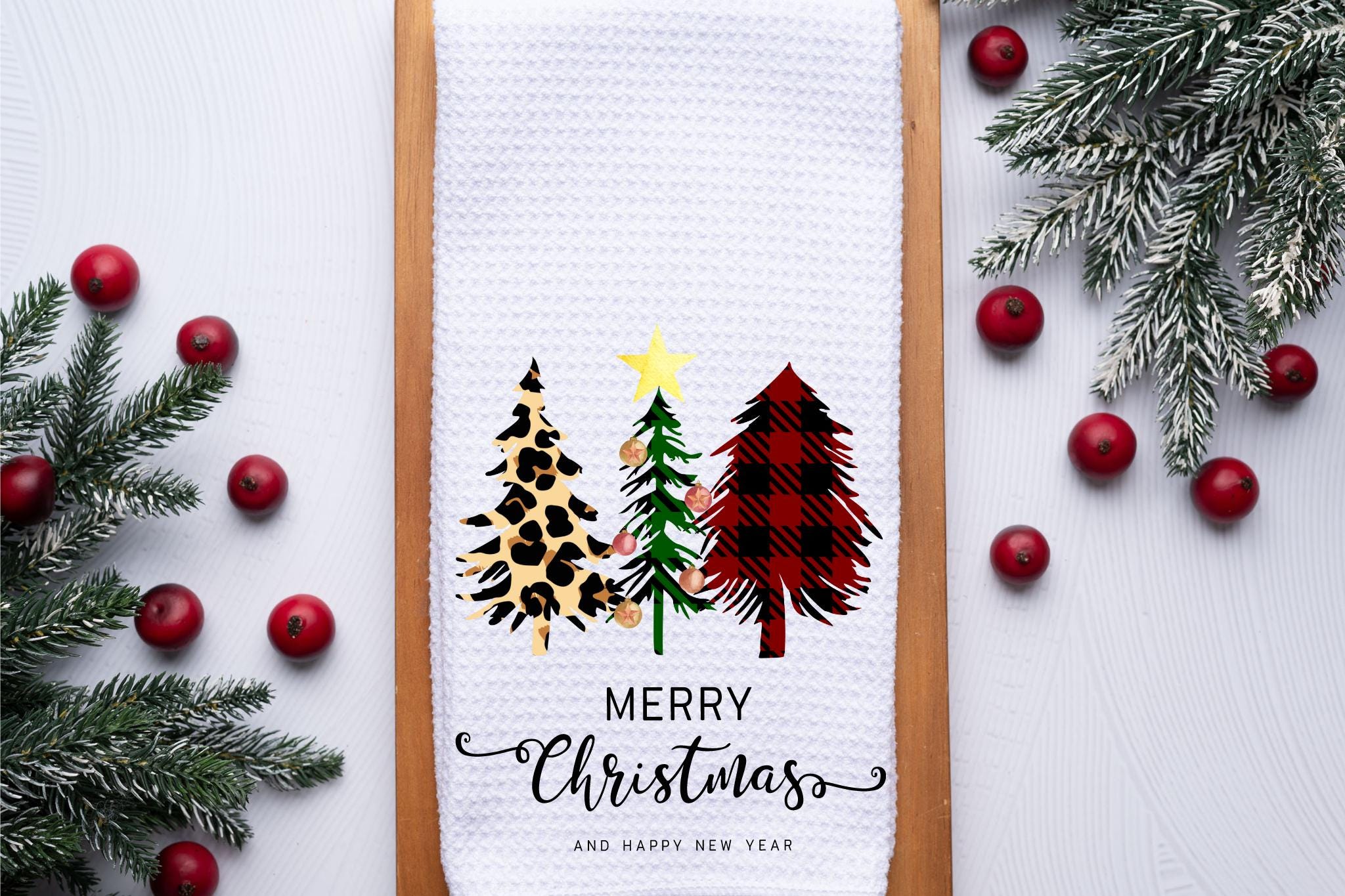 Merry Christmas Trees Dish Tea Hand Kitchen Towel, Kitchen Decor Gift- Holiday Christmas Winter Decor-Housewarming Hostess Gift