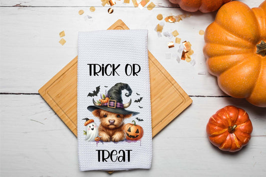 Highland Cow Trick Or Treat Halloween Dish Tea Hand Kitchen Towel, Kitchen Decor Gift- Thanksgiving Fall Decor-Housewarming Hostess Gift