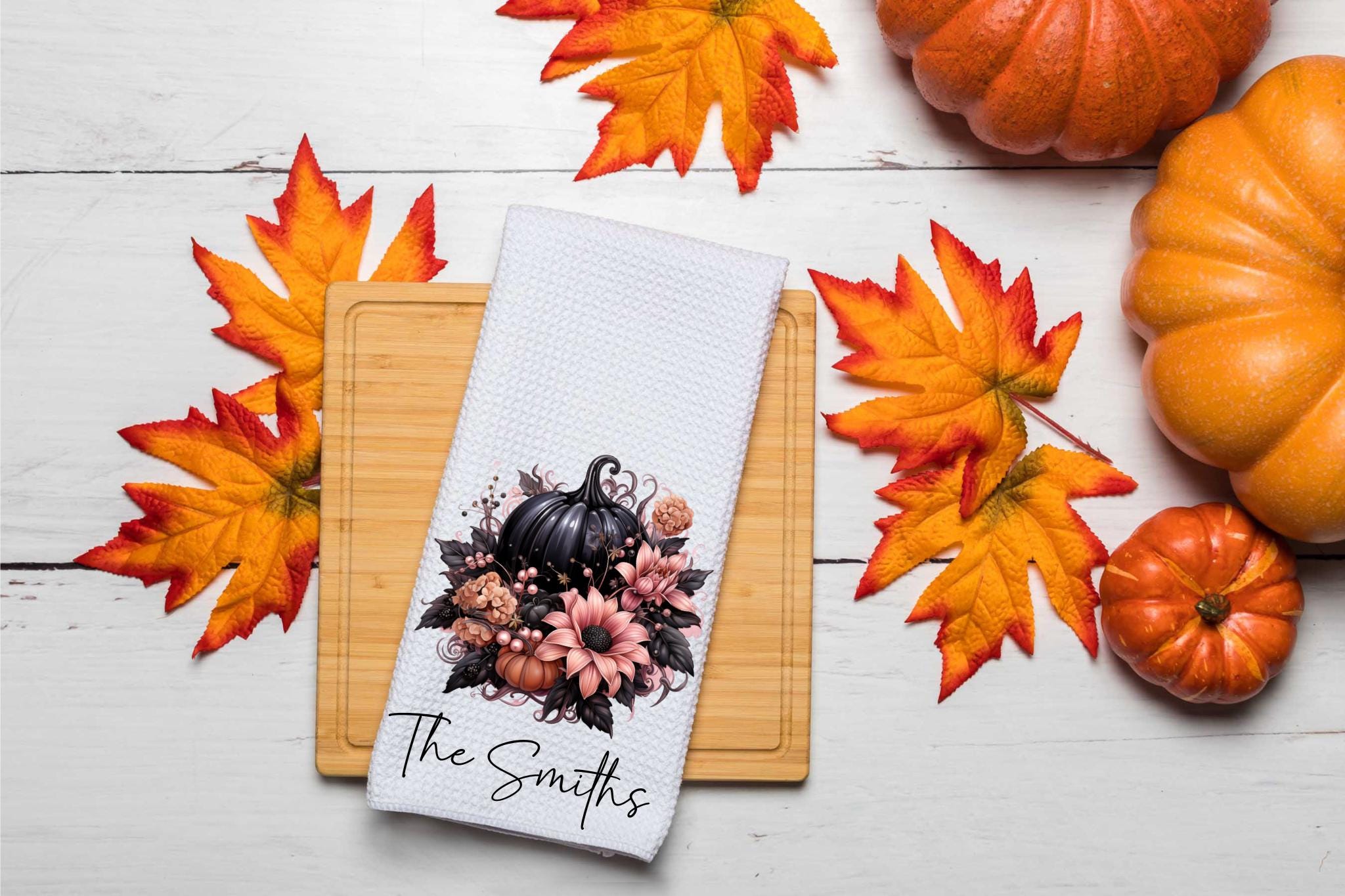 Personalized Black Pink Pumpkin Halloween Dish Tea Hand Kitchen Towel, Kitchen Decor Gift- Thanksgiving Fall Decor-Housewarming Hostess Gift