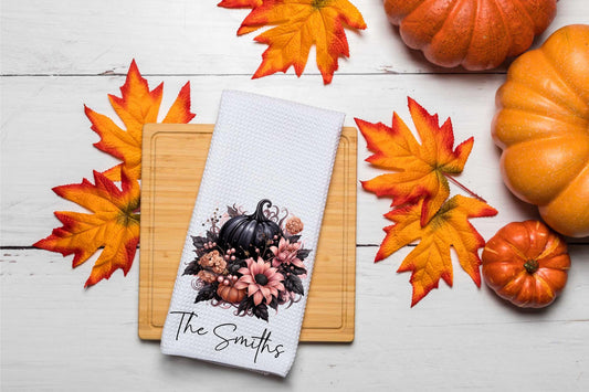 Personalized Black Pink Pumpkin Halloween Dish Tea Hand Kitchen Towel, Kitchen Decor Gift- Thanksgiving Fall Decor-Housewarming Hostess Gift